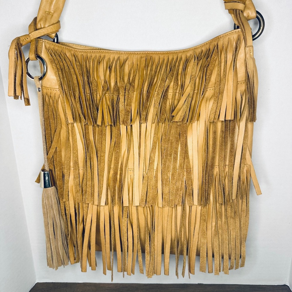 Maurizio Taiuti Tan Genuine Leather Tiered Fringe Hobo Bag Made in Italy‎ Boho
